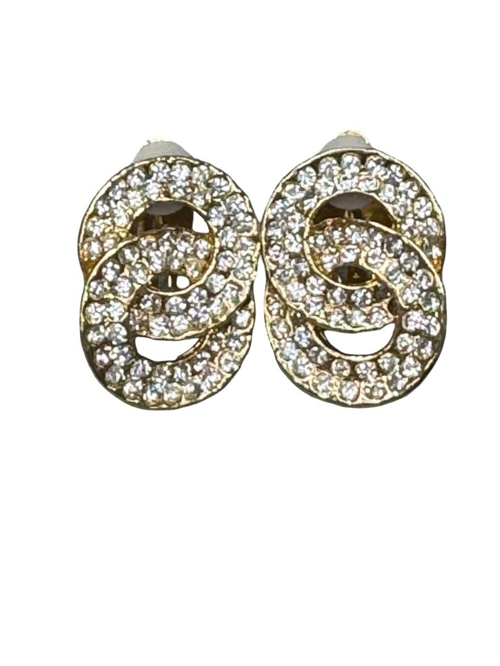 Vtg Gold-Tone Crystal Pave Double Interlocking Rhinestone Rings Clip-On Earrings